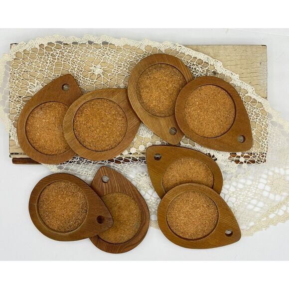 VTG 70s MCM Coaster Set Wood and Cork Handcarved Sere with Holder - Picture 3 of 5